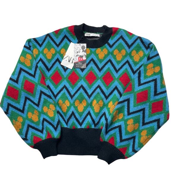 NWT Zara Disney Mickey Mouse Jacquard Knit Sweater Size Small Chunky Cozy Warm - Picture 1 of 6